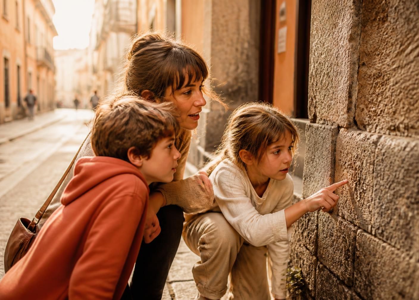 A parent and two children crouching to look closely at a city wall together